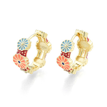 Colorful Enamel Flower Wrap Hoop Earrings, Brass Jewelry for Women, Nickel Free, Real 18K Gold Plated, 18.5x20x8mm, Pin: 1mm