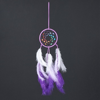 Synthetic & Natural Mixed Stone Pendant Decorations, with Cotton Thread, Woven Net/Web with Feather, Purple, 490mm