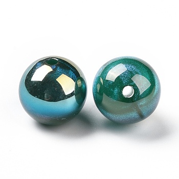 Opaque Acrylic Beads, with Glitter Powder, AB Color Plated, Round, Dark Cyan, 14x13.5mm, Hole: 2mm
