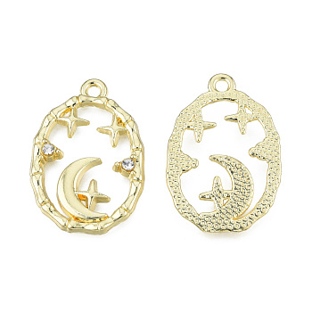 Rack Plating Alloy Pendants, with Crystal Rhinestone, Oval with Moon & Star, Cadmium Free & Nickel Free & Lead Free, Light Gold, 27x18.5x3mm, Hole: 1.8mm