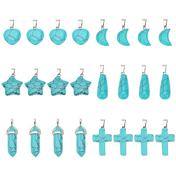 ARRICRAFT 24Pcs 6 Styles Synthetic Turquoise Pendants Sets, with Platinum Tone Metal Findings, Teardrop & Moon & Faceted Bullet, Mixed Shapes, 17~40x10~20x5~12mm, Hole: 2~6x3~7mm, 4pcs/style