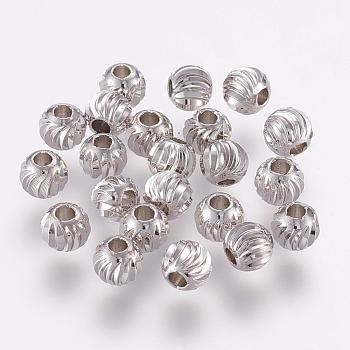 Brass Spacer Beads, Long-Lasting Plated, Corrugated Round, Platinum, 6x5mm, Hole: 2mm