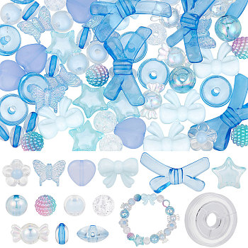 DIY Cute Beaded Stretch Bracelet Making Kit, Including Flower & Star & Bowknot & Heart & Butterfly & Candy Acrylic Beads, Elastic Thread, Blue, 13.5x14x6mm, Hole: 1.5mm, Beads: 150Pcs/bag