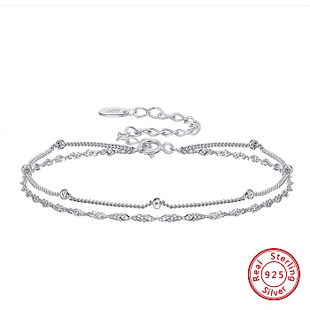 Rhodium Plated 925 Sterling Silver Rope & Satellite Chains Double-Layer Multi-strand Bracelet, with S925 Stamp, Real Platinum Plated, 6-3/4 inch(17.2cm)