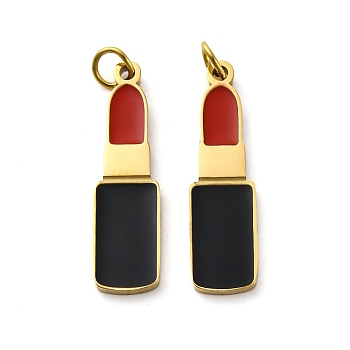 304 Stainless Steel Enamel Pendants, with Jump Ring, Lipstick Charms, Ion Plating(IP), Real 18K Gold Plated, Red, 22x6x1.5mm, Hole: 2.3mm