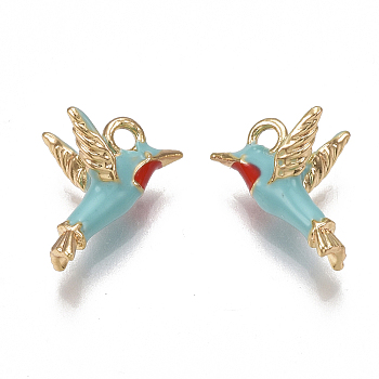 Brass Enamel Charms, Nickel Free, Real 18K Gold Plated, Bird, Sky Blue, 9.5x14x7.5mm, Hole: 1.6mm