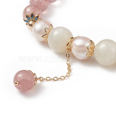 Natural Strawberry Quartz & White Moonstone & Pearl Beaded Stretch Bracelet with Tassel Charms for Women(BJEW-JB09009-01)-4
