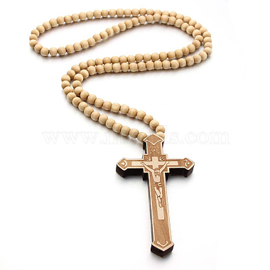 Wood Cross Pendant Necklace with Round Beaded Chains for Men Women(RELI-PW0001-024A)-2