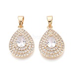 Brass Pave Clear Cubic Zirconia Pendants, Teardrop Charms, Real 18K Gold Plated, 26x23x4mm, Hole: 6mm(KK-T081-05G)