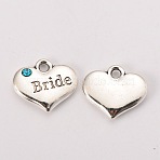 Wedding Theme Antique Silver Tone Tibetan Style Heart with Bride Rhinestone Charms, Cadmium Free & Lead Free, Aquamarine, 14x16x3mm, Hole: 2mm(TIBEP-N005-12A)