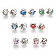 Alloy Rhinestone Beads, Hollow, Large Hole Beads, Flat Round with Heart to Heart, Platinum, Mixed Color, 12x16mm, Hole: 5.5mm(PALLOY-T048-13P-M)