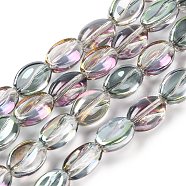 Electroplate Glass Beads Strands, Rainbow Plated, Coffee Bean, Medium Aquamarine, 10.5~11x8x5mm, Hole: 1mm, about 60pcs/strand, 25.20''(64cm)
(EGLA-B005-01A-FR04)