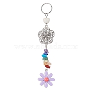 Flower Resin Keychains, with Chakra Gemstone Chip and 304 Stainless Steel Split Key Rings and Tibetan Style Alloy Links, Medium Purple, 14.5cm(KEYC-JKC00556-04)