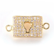 Brass Micro Pave Cubic Zirconia Links, Clear, Real 18K Gold Plated, Lock, 8.5x17x4mm, Hole: 1mm(ZIRC-L068-08G)