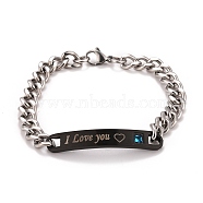 Rectangle with Word I Love You Link Bracelet with Rhinestone, 304 Stainless Steel Jewelry for Men Women, Electrophoresis Black & Stainless Steel Color, 8-1/2 inch(21.5cm)(STAS-E160-33EBP)