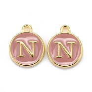Golden Plated Alloy Enamel Charms, Cadmium Free & Lead Free, Enamelled Sequins, Flat Round with Letter, Pink, Letter.N, 14x12x2mm, Hole: 1.5mm(X-ENAM-S118-07N)