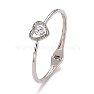 Crystal Rhinestone Heart Cuff Bangle, Hinged Open Bangle for Women, Stainless Steel Color, Inner Diameter: 2-1/4 inch(5.6cm)(STAS-D165-01P)