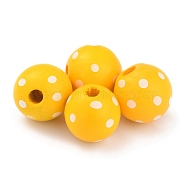 Dyed Natural Wooden Beads, Macrame Beads Large Hole, Round with Polka Dot, Gold, 16x15mm, Hole: 4mm(WOOD-O005-01B)