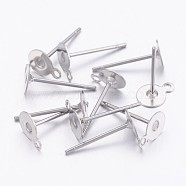 304 Stainless Steel Stud Earring Settings, Earring Posts, with Loop, Stainless Steel Color, Tray: 5mm, 7x5mm, Hole: 1mm, Pin: 0.6mm(STAS-N036-03B)