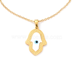 304 Stainless Steel Hamsa Hand with Evil Eye Pendant Necklaces, with Enamel and Cable Chains, Golden, 44.3cm(STAS-B021-06)