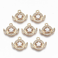 Brass Micro Pave Cubic Zirconia Pendants, Light Gold, Long-Lasting Plated, Cadmium Free & Lead Free, Flat Round with Star, Clear, 13x15x4mm, Hole: 1.6mm(KK-S359-031-RS)