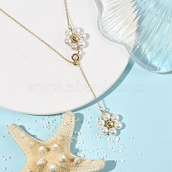 Adjustable Brass Shell Pearl Beaded Flower Pendant Lariat Necklaces, White, Real 18K Gold Plated, 17.72 inch(45cm)(NJEW-JN06496)