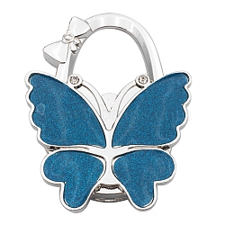 Glitter Butterfly Zinc Alloy Crystal Rhinestone Bag Hanger, Foldable Purse Hooks with Leather, Steel Blue, 70x49x10mm(BAGH-F001-A02)