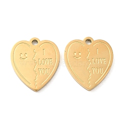 Ion Plating(IP) 316L Surgical Stainless Steel Pendants, Heart with Word I Love You Charm, Real 18K Gold Plated, 15x13x1.5mm, Hole: 1.5mm(STAS-F302-03G)
