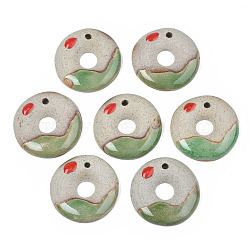 Handmade Porcelain Pendants, Famille Rose Style, Doughnut, Light Green, 39~40x38~40x6~7mm, Hole: 3mm(PORC-N004-124)