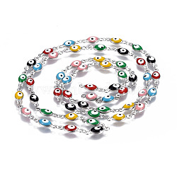 304 Stainless Steel Enamel Chains, Soldered, Oval with Evil Eye, Colorful, Stainless Steel Color, 15x5.5x3.5mm(CHS-P006-08P-B)