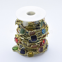Handmade Glass Beaded Chains, Soldered, with Spool, Brass Findings, Square, Colorful, Golden, 2.5mm, about 16.4 Feet(5m)/roll(CHC-P005-01G)