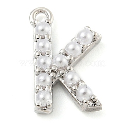 Plastic Imitation Pearl Pendants, with Eco-friendly Brass Findings, Lead Free & Cadmium Free, Letter Charms, Letter K, 14x8.5x3mm, Hole: 1.4mm(KK-P230-17P-K)