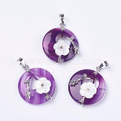 Natural Agate Pendants, with Shell, Rhinestone and Platinum Tone Brass Findings, Flat Round with Flower, 35.5~36x28x8mm, Hole: 5x8mm(G-F546-A18)