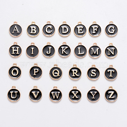 Initial Letter A~Z Alphabet Enamel Charms, Flat Round Disc Double Sided Charms, Golden Plated Enamelled Sequins Alloy Charms, Black, 14x12x2mm, Hole: 1.5mm, 26pcs/set(ENAM-Q437-05)
