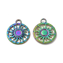 Ion Plating(IP) 304 Stainless Steel Pendant Cabochon Settings, Flat Round with Sun, Rainbow Color, Tray: 3mm, 15x12.5x1mm, Hole: 1.6mm(STAS-A070-16MC)