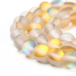 Synthetic Moonstone Beads Strands, Holographic Beads, Dyed, Frosted, Round, Yellow, 6mm, Hole: 1mm, about 60~62pcs/strand, 14~15 inch(G-R375-6mm-A15)