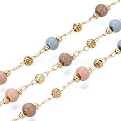 Handmade Brass & Glass Beaded Link Chains, Rondelle, Soldered, with Spool, Real 18K Gold Plated, 4~4.5mm(CHC-Q021-02B-G)