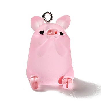 Translucent Resin Pendants, Pig Charm, with Platinum Tone Iron Findings, Pearl Pink, 26x17x19mm, Hole: 2mm