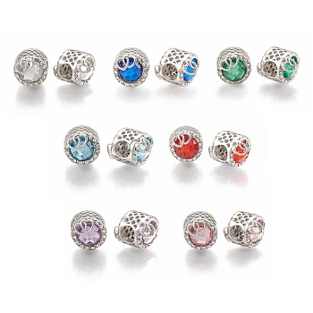 Alloy Rhinestone Beads, Hollow, Large Hole Beads, Flat Round with Heart to Heart, Platinum, Mixed Color, 12x16mm, Hole: 5.5mm
