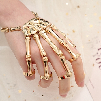 Halloween Themed Skull Alloy Full Hand Ring Bracelet, Stretch Bracelet with 5 Adjustable Rings for Women, Golden, Inner Diameter: 2-3/8 inch(6cm)