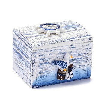 Wood Box, Flip Cover Box, with Resin Seagull, Rectangle, Blue, 6.2x7.5x6.5cm