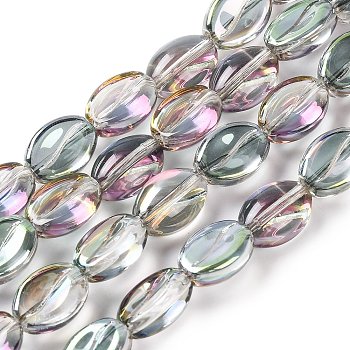 Electroplate Glass Beads Strands, Rainbow Plated, Coffee Bean, Medium Aquamarine, 10.5~11x8x5mm, Hole: 1mm, about 60pcs/strand, 25.20''(64cm)
