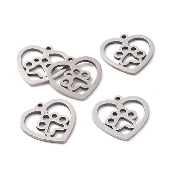 201 Stainless Steel Pendants, Heart with Dog Paw Prints, Stainless Steel Color, 15x15.5x1mm, Hole: 1.2mm