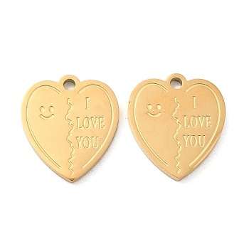 Ion Plating(IP) 316L Surgical Stainless Steel Pendants, Heart with Word I Love You Charm, Real 18K Gold Plated, 15x13x1.5mm, Hole: 1.5mm