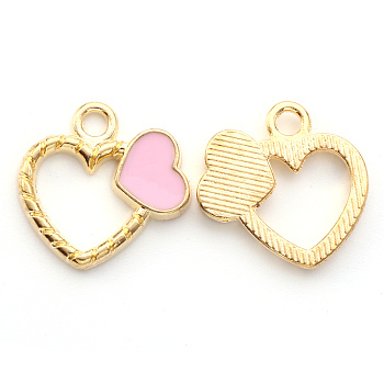 Alloy Enamel Pendants, Heart, Light Gold, Pink, 18x18x2.5mm, Hole: 2mm