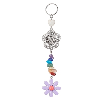 Flower Resin Keychains, with Chakra Gemstone Chip and 304 Stainless Steel Split Key Rings and Tibetan Style Alloy Links, Medium Purple, 14.5cm