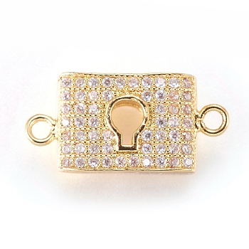 Brass Micro Pave Cubic Zirconia Links, Clear, Real 18K Gold Plated, Lock, 8.5x17x4mm, Hole: 1mm