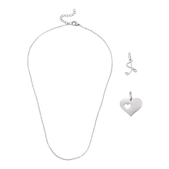 1Pc 304 Stainless Steel Cable Chain Necklaces, with 1Pc 304 Stainless Steel Pendants, Heart with Heart, 1Pc Stainless Steel Charms, Letter with Little Heart, Letter R, 15.7 ~16.5 inch(40~42cm), Pendant: 10.5x8x1mm, Hole: 3.5x2.5mm