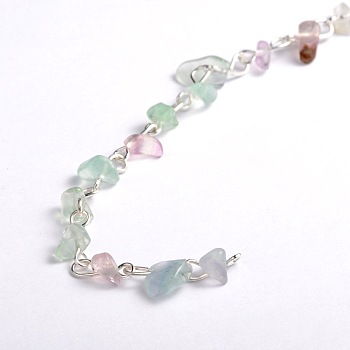 Handmade Natural Fluorite Chips Beads Chains for Necklaces Bracelets Making, with Silver Color Plated Iron Eye Pin, Unwelded, 39.3 inch, Beads: 5~9mm