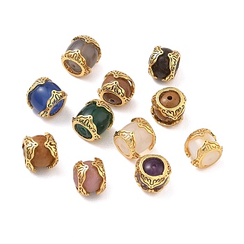 Natural Mixed Gemstone and White Shell Beads, Round and Column, with Brass Findings, Cadmium Free & Lead Free, Rack Plating, Long-Lasting Plated, Real 24K Gold Plated, Mixed Dyed and Undyed, 8~9.5x9.5mm, Hole: 1~1.5mm